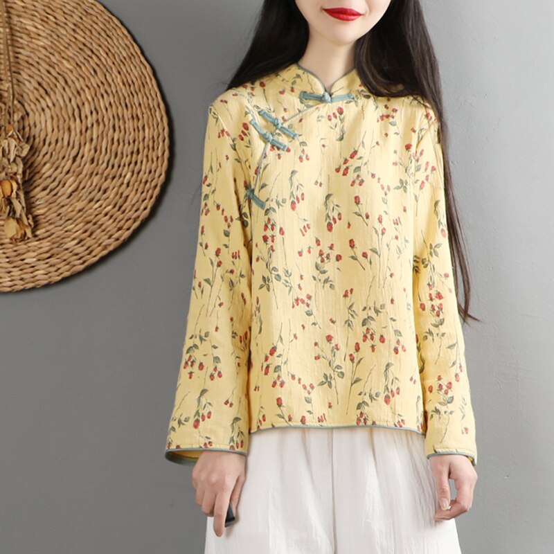 Blusa China clásica de lino y algodón para mujer, camisa de manga larga con botones hechos a mano, tops estampados con flores, ropa tang,: color3