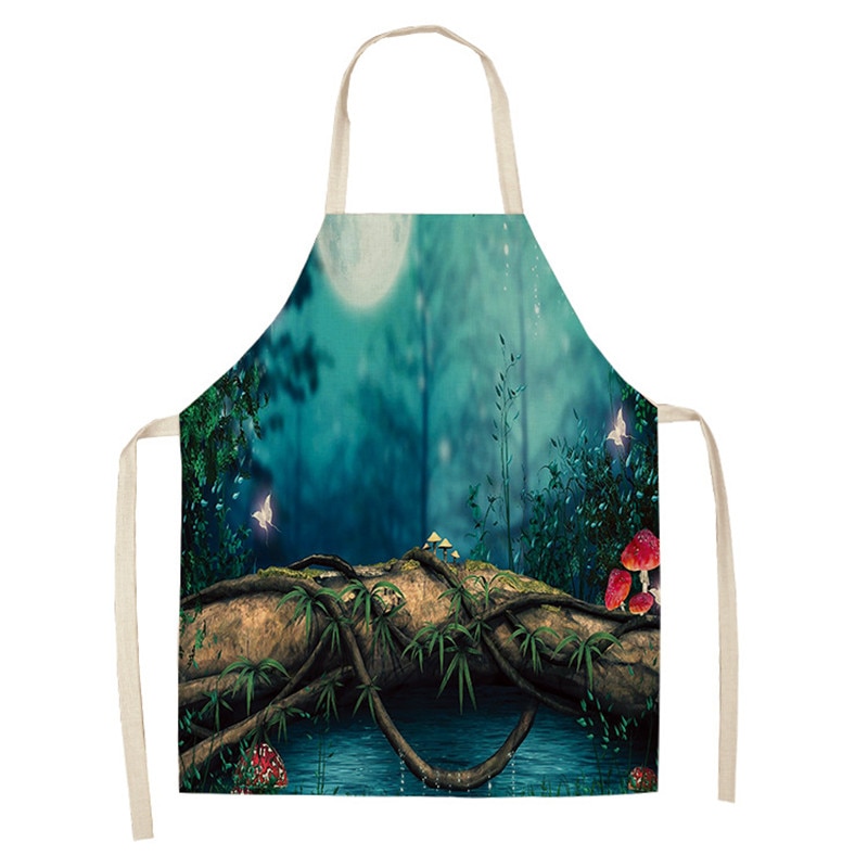 Delantal de cocina de bosque para hombre y mujer, delantales de lino y algodón sin mangas con estampado de árbol de fantasía, Herramientas de limpieza para el hogar