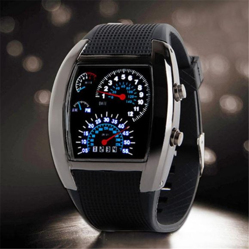 LED Digital Watch Instrument Panel Men's Black Rubber Speedometer Digital Wrist Watches for Male Boys Men