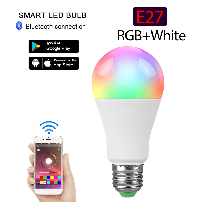 Smart led 15w pære  e27 rgb lampe 85-265v med ir fjernbetjening eller bluetooth 4.0 app rgb lampada til hjemmefest jul: Rgb hvid