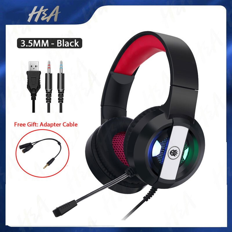H&A Gaming Headset - 7.1 Surround Sound - Wired - with Microphone - for PC, PS4, Computer: 3.5mm Red