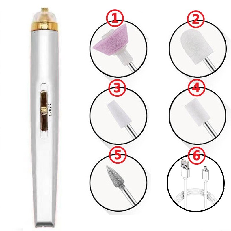 Usb Professionele Elektrische Pen-Vorm Nail Grinder Machine Led Nail Art Drill Set File Nail Pedicure Boor Nagels Apparaat: White