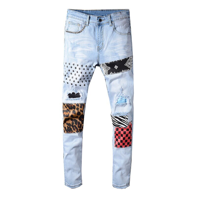 Streetwear Men Jeans Light Blue Slim Fit Patch Elastic Ripped Jeans Men Denim Printed Pants Hip Hop Jeans Homme