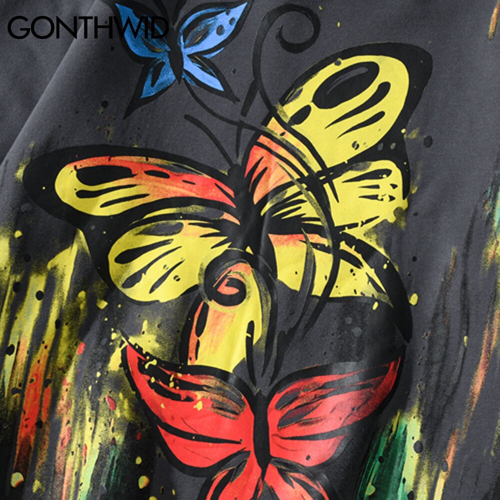 GONTHWID Hoodies Hip Hop Graffiti Butterfly Flowers Print Fleece Hooded Sweatshirts Mens Harajuku Casual Tops Outwear