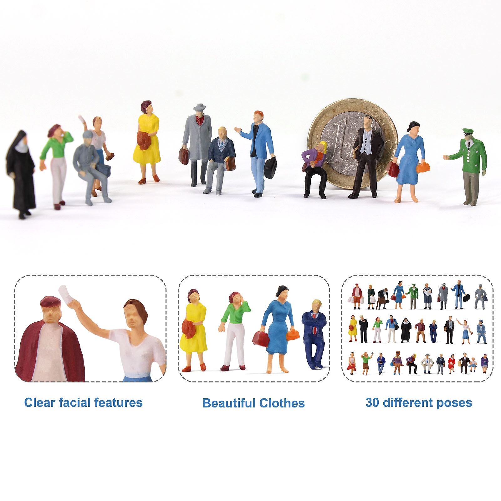 Figuras de personas de pie sentado, escala HO, escala 1:87, modelo de pasajeros, Kit de construcción, P8721, 30 Uds./60 uds.