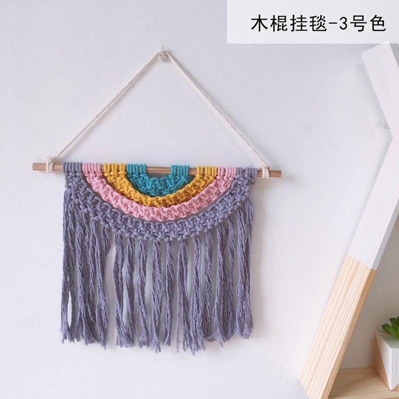 Babykamer macramé gebreid wandkleed met kwastje bohemian handgemaakte gevlochten regenboog houten wandhanger kunst kinderkamer boho decoratie: 03