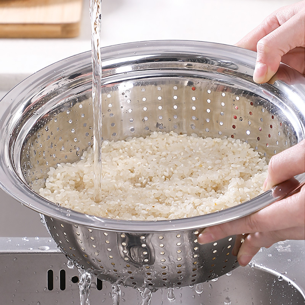 Stainless Steel Holes Washing Cleaning Rice Sieve Strainer Fruits Vegetable Drain Bowl Kitchen Supplies