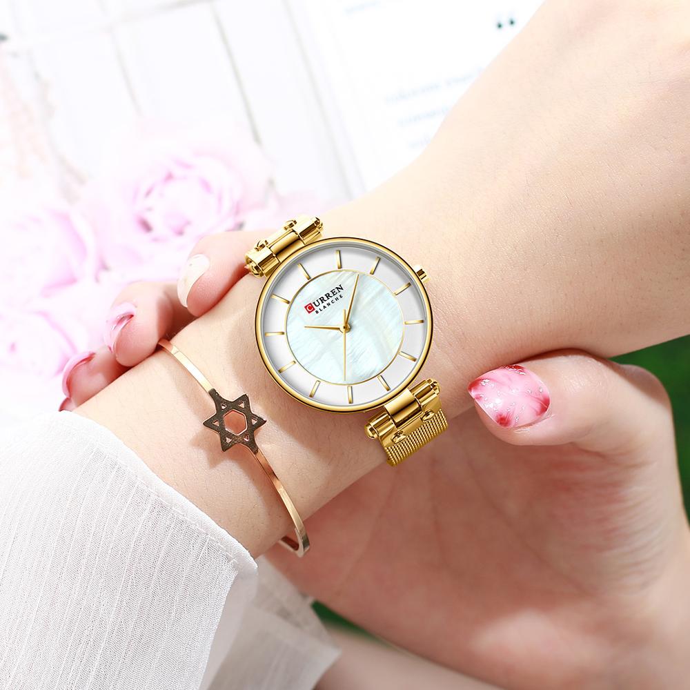 CURREN Eenvoudige Steentjes Charmant Horloge voor Dames Quartz Horloges Lederen Band Klok Vrouwelijke Horloge Dress Horloge