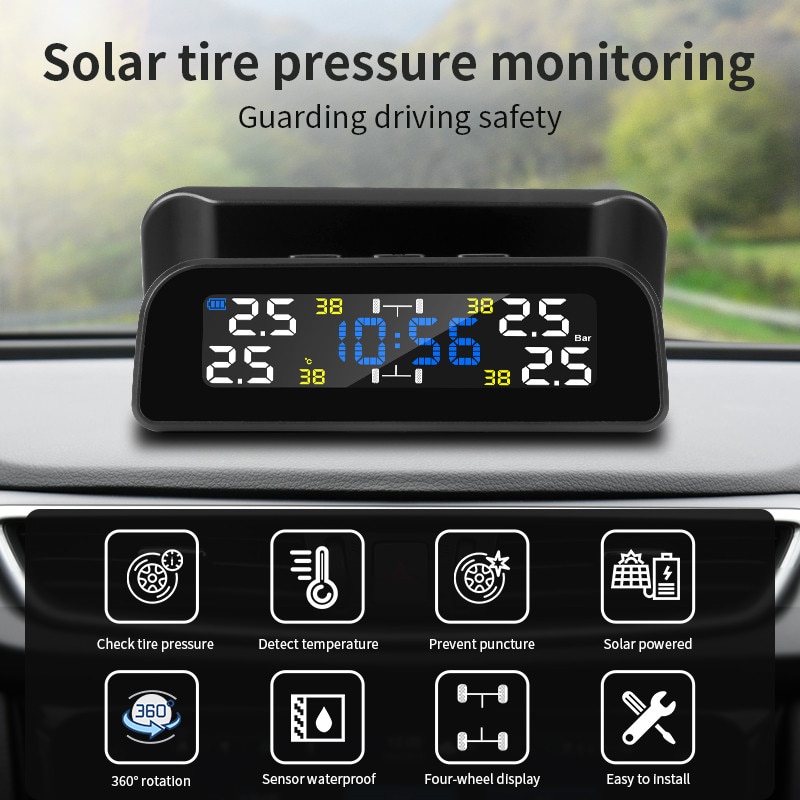 Auto Tpms Met Klok Tool Intelligent Solar Tpms Auto Bandenspanning 4 Sensoren Binnen Of Externe Sensor Temperatuur alert