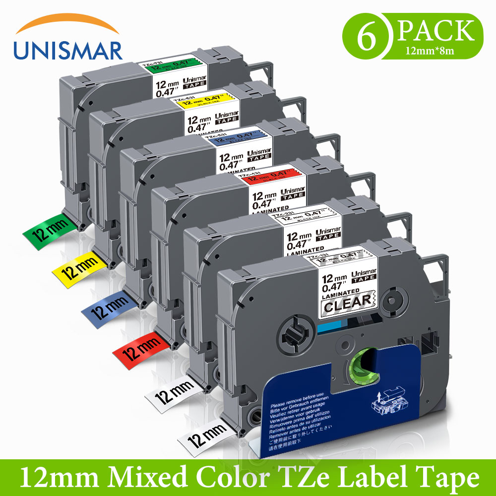 Unismar 6PCS for TZe131 TZe-231 TZe-431 TZe-531 TZe-631 TZe-731 Laminated Labeling Tape for Brother P-Touch PTD210 PTH100 PTD600