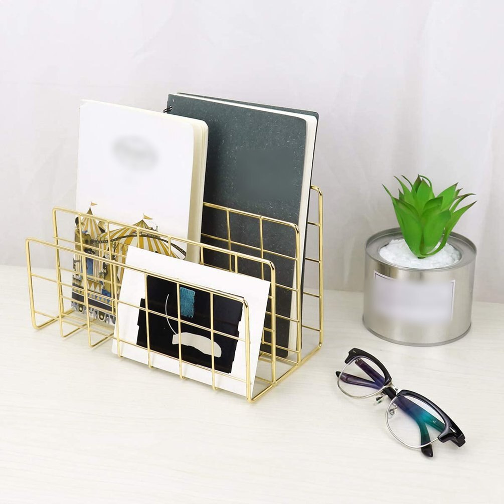 File Storage Box Metal Three Grid Bookshelf Desk Books Newspaper Magazine Organizer Desk Bookshelf Storage Rack