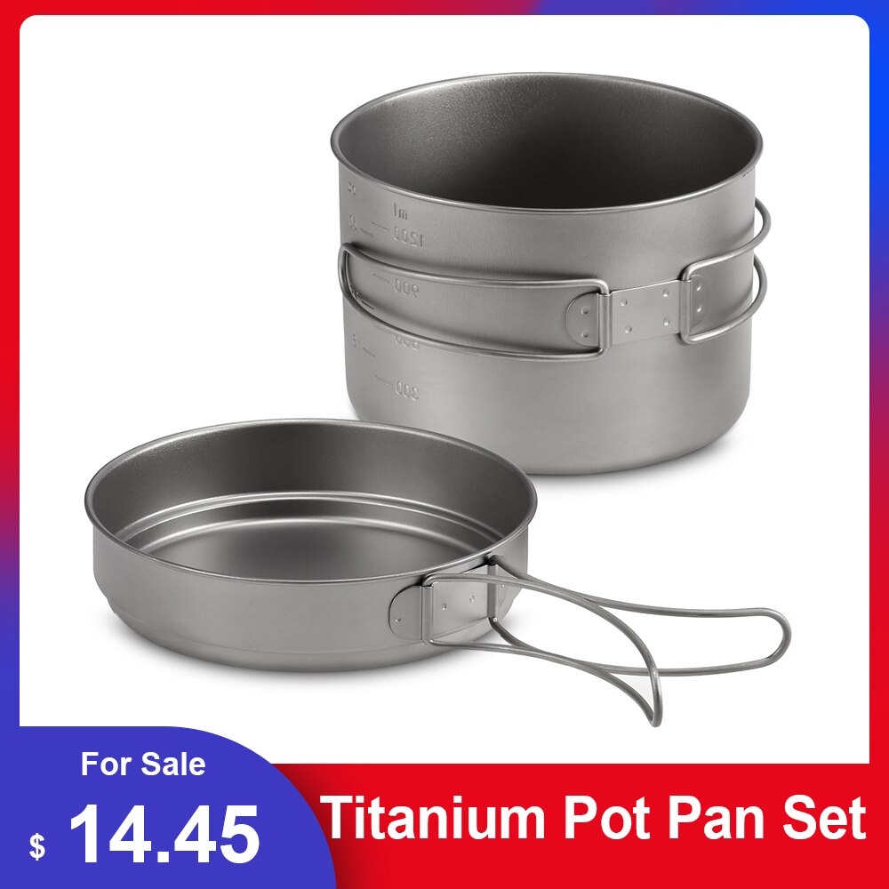 Titanium Pot Pan Set Titanium Kom Super Lichtgewicht Camping Pannenset Outdoor Servies Koken Tool Met Inklapbare Handgreep