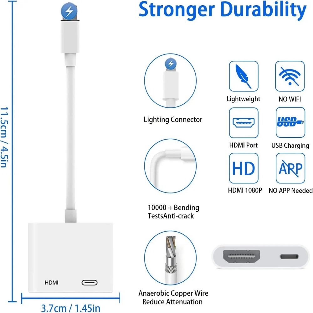 2 In 1 HD 1080P Phone To HDMI-Compatible Projection Cable Adapter With Charging Port No Power Needed Universal Compatibility