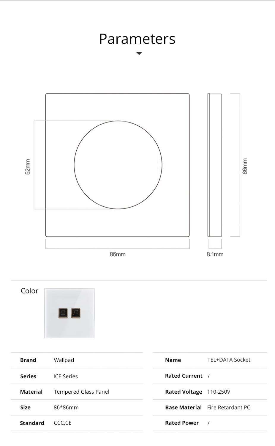 L6 White Glass Telephone RJ11 Data CAT6 Jack Wall Socket Tempered Glass Wiring Accessories Outlet