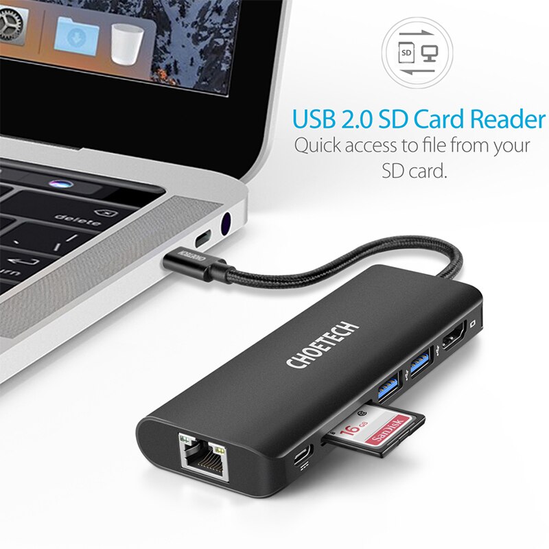 CHOETECH USB HUB C HUB to Multi USB 3.0 HDMI RJ45 Adapter SD Reader for MacBook Pro USB-C Type C 3.0 Splitter 2 Port USB C HUB