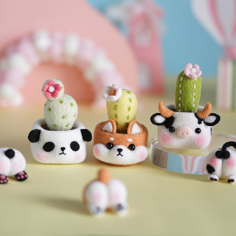 1Pcs Niet Afgewerkt Handgemaakte Pocket Mooie Animal Cactus Plant Wol Naaldvilten Kit Panda Plant Vilt Prikte Voor Kids