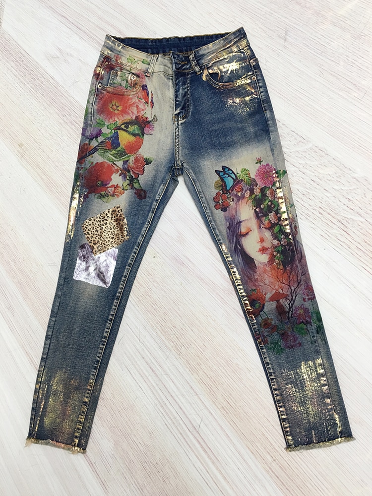 Denim Pants Painted Bronzing Jeans Woman Spring Autumn Women Ins Super Fire Printing Jeans Female Trousers