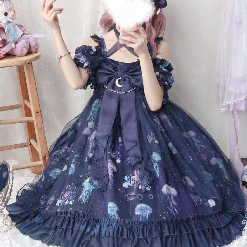 Soft Girl Cute Cartoon Cat Print Jsk Lolita Dress Japanese Sweet Lolita Dress Women Harajuku Chic Lace Tulle Bow Tea Party Dress: Dark Blue Suit A / L