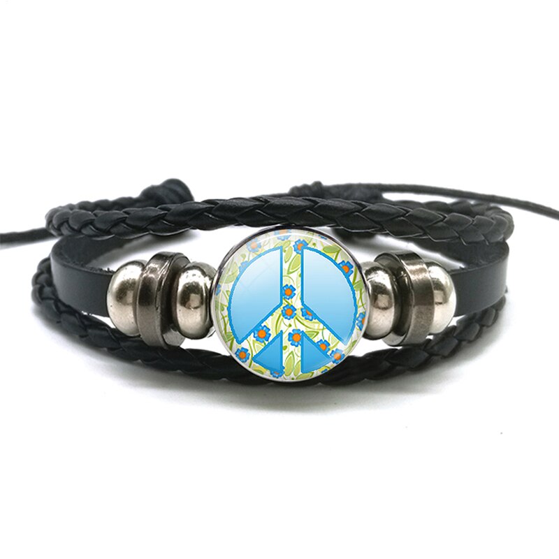 Peace Sign Hippie Style Men Women Black Rope Leather Bracelet Peace Symbol Charm Jewelry: size 4