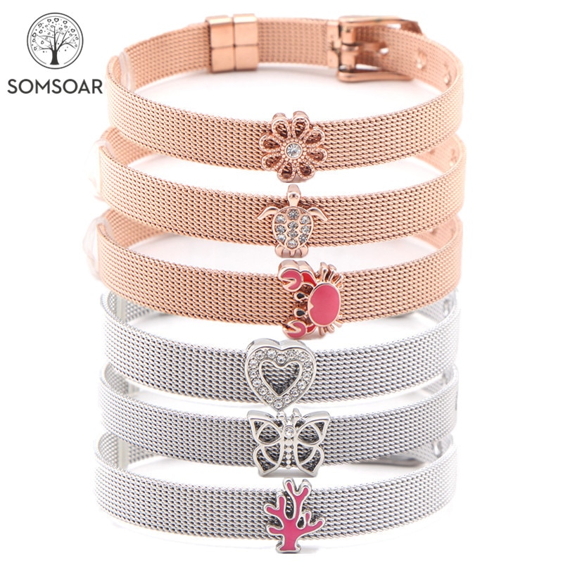 Somsoar-joyería de plata y oro rosa, adornos deslizantes DIY, pulseras de malla de acero inoxidable, brazaletes para de San Valentín