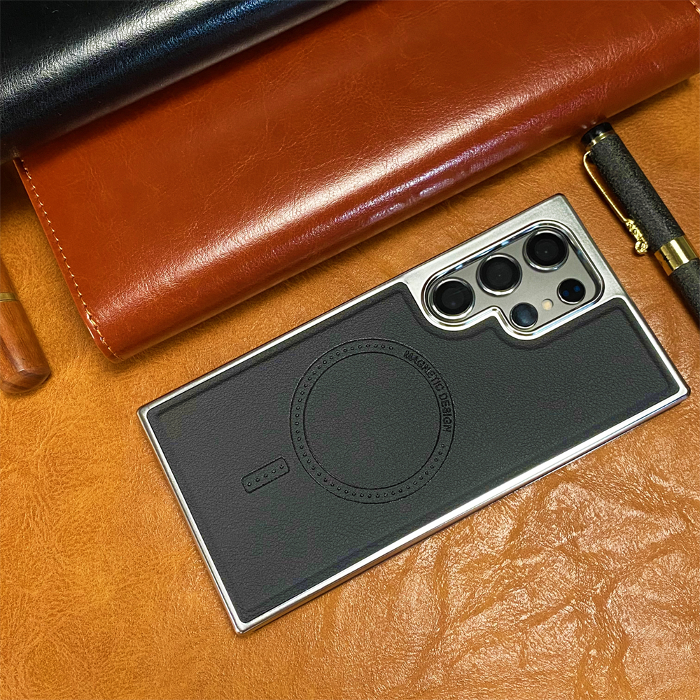 Étui magnétique en cuir à cadre souple plaqué , pour Samsung Galaxy S25 S24 S23 S22 Ultra Magsafe, Charge sans fil: Tissu de coton / Beige