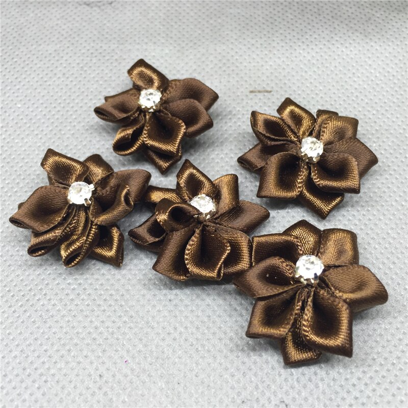Ruban de fleurs en Satin, 10 pièces, avec des Appliques de perles de cristal, artisanat/garniture, bricolage: deep coffee