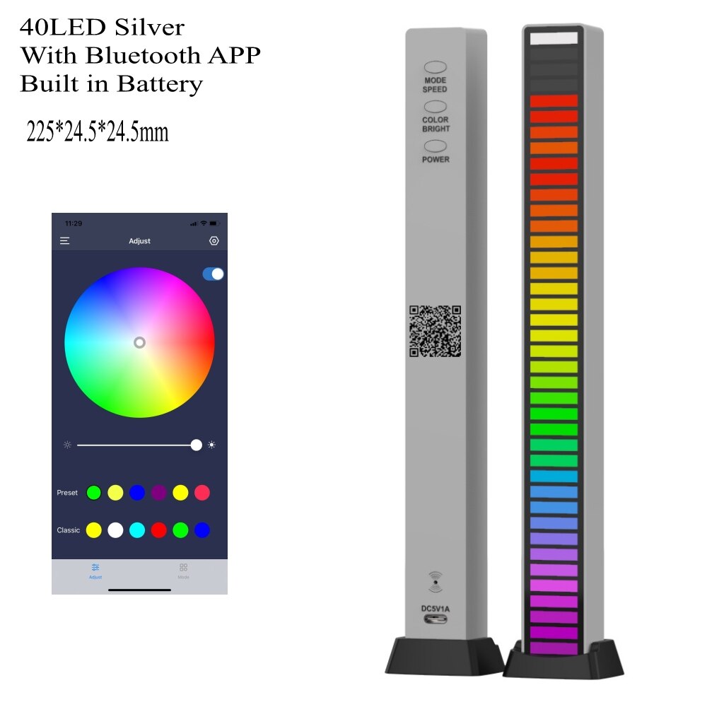 3D 40LED Voice APP Control Stereo Music Spectrum LED Light Audio Level Indicator Amplifier VU Meter Car Player Atmosphere Lamps: 40 Silver Battery
