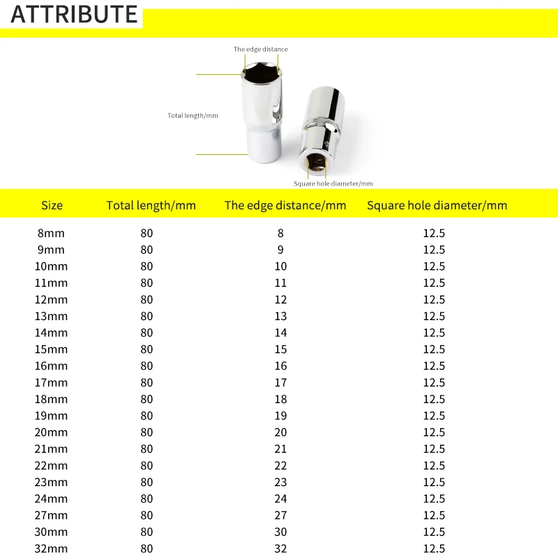 1Pcs 1/2" Inch Drive Long Hex Socket Head Deep Sockets 12.5mm Square Hole Machine Auto Repair Ratchet Wrench Tool 78mm Length