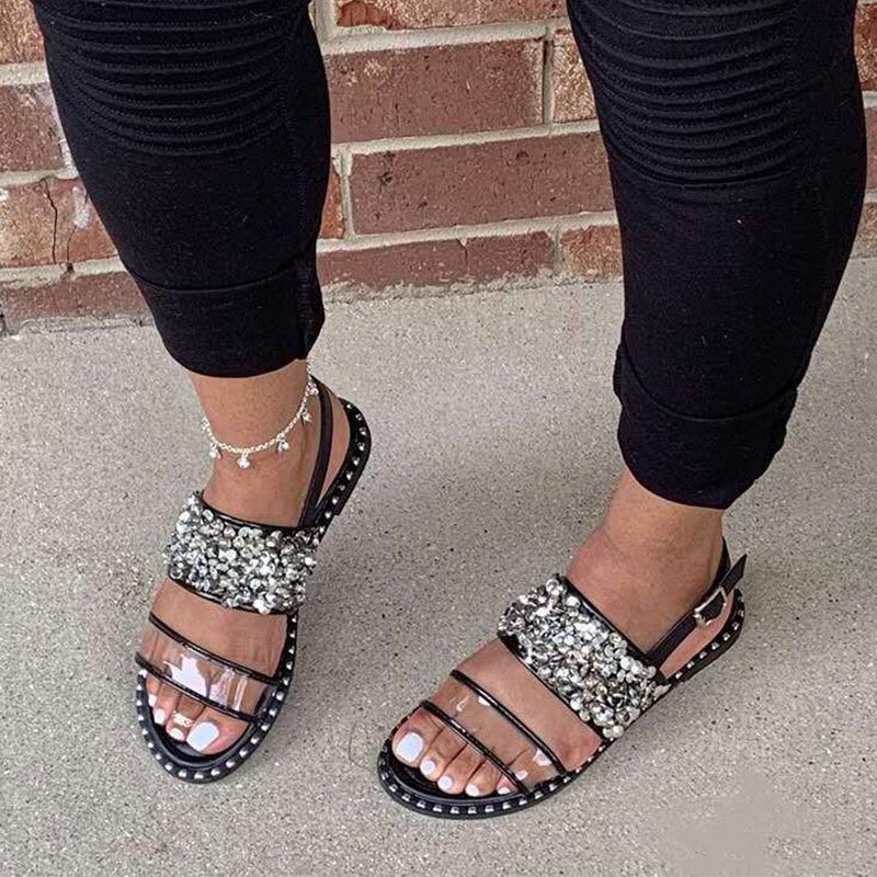 Sandalen Vrouwen Flats Schoenen Zomer Casual Glitter Gesp Transparante Pu Rome Dames Crystal Vrouw Strand Femlae Bling: Black / 5
