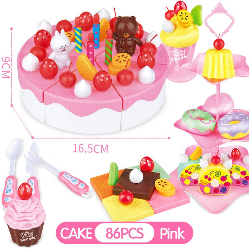 39-103Pcs Kids Cartoon Cake Pretend Play Kitchen Toys Fruit Cake Cutting Birthday Cake Sets Play House Toy for Children Girls: TC0083 HHDG86-H PINK