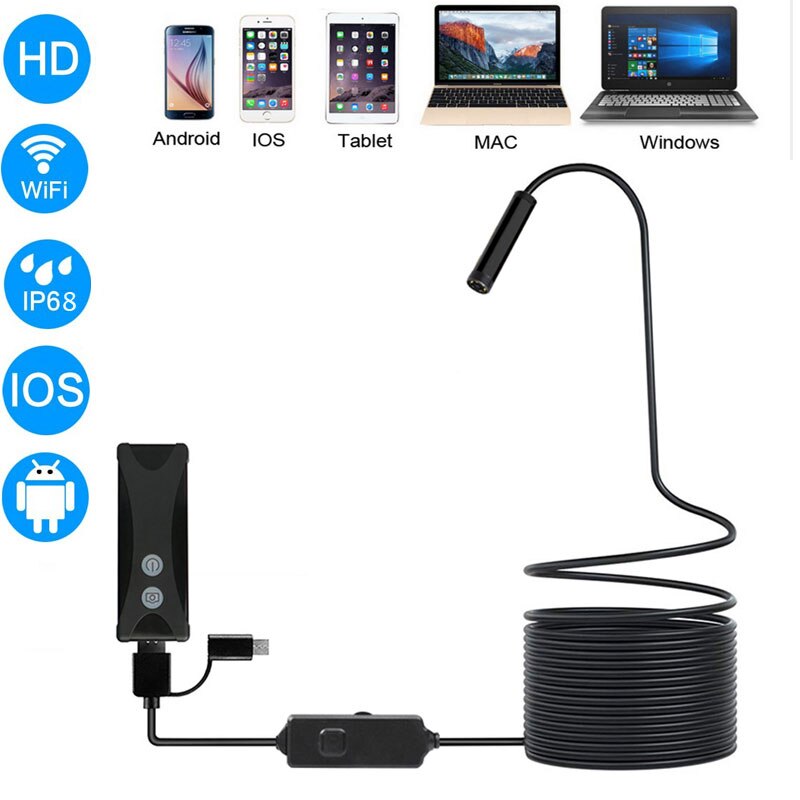 Wifi Endoscoop Camera Hd 1200P 1-10M Mini Waterdichte Harde Draad Draadloze 8 Mm 6 Led Borescope camera Voor Android Pc Ios Endoscoop