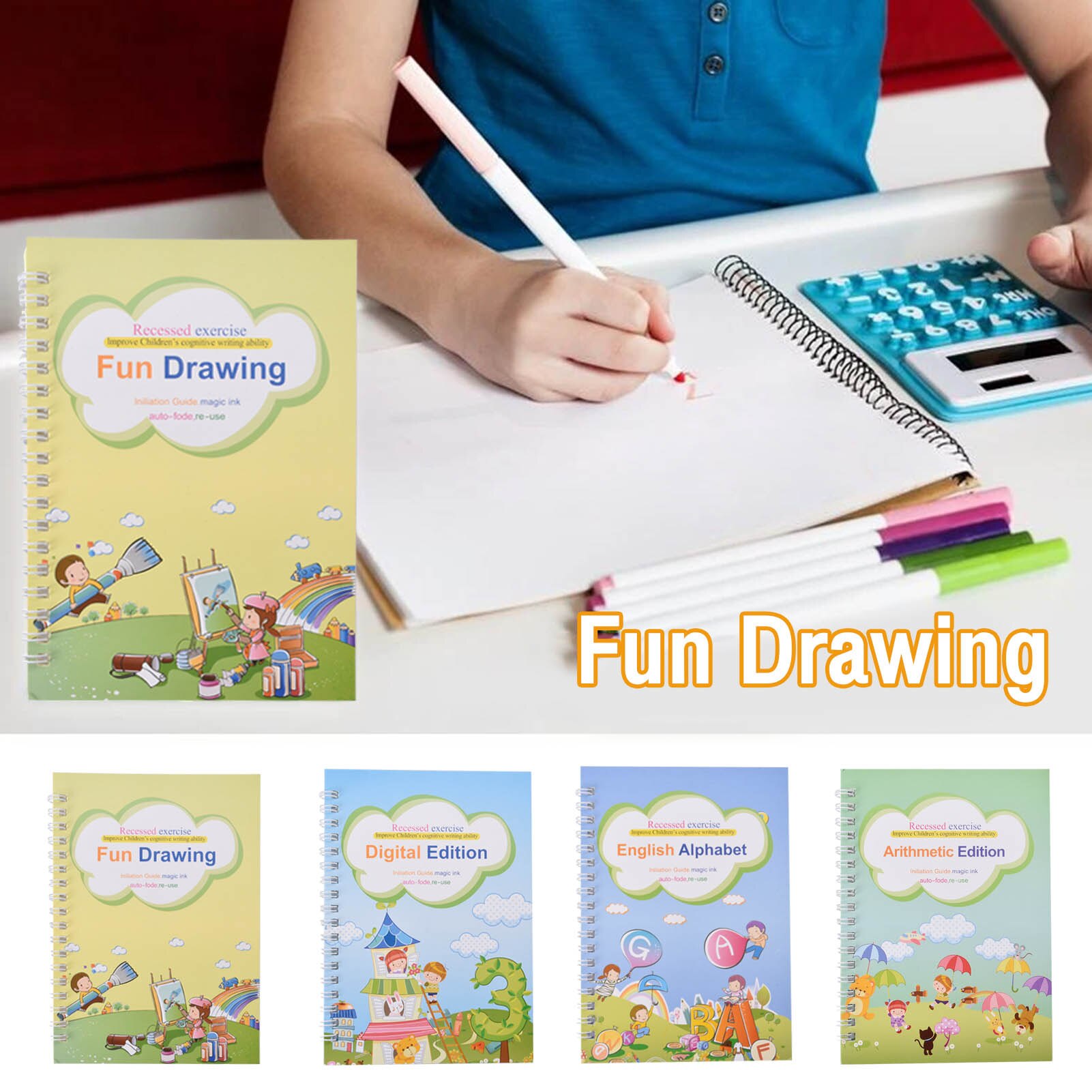 4 Books + Pen Magic Practice Copybook Free Wiping Children's Copybook Magic Magic Writing Sticker English Version