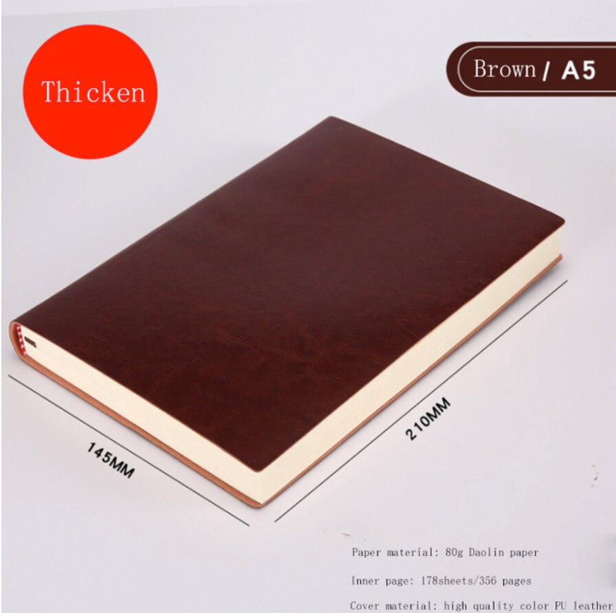 A5 A6 B5 Business increase thick Notebook Office meeting minutes Notepad leather soft copy line pages Diary Stationery: A5 Thicken Brown
