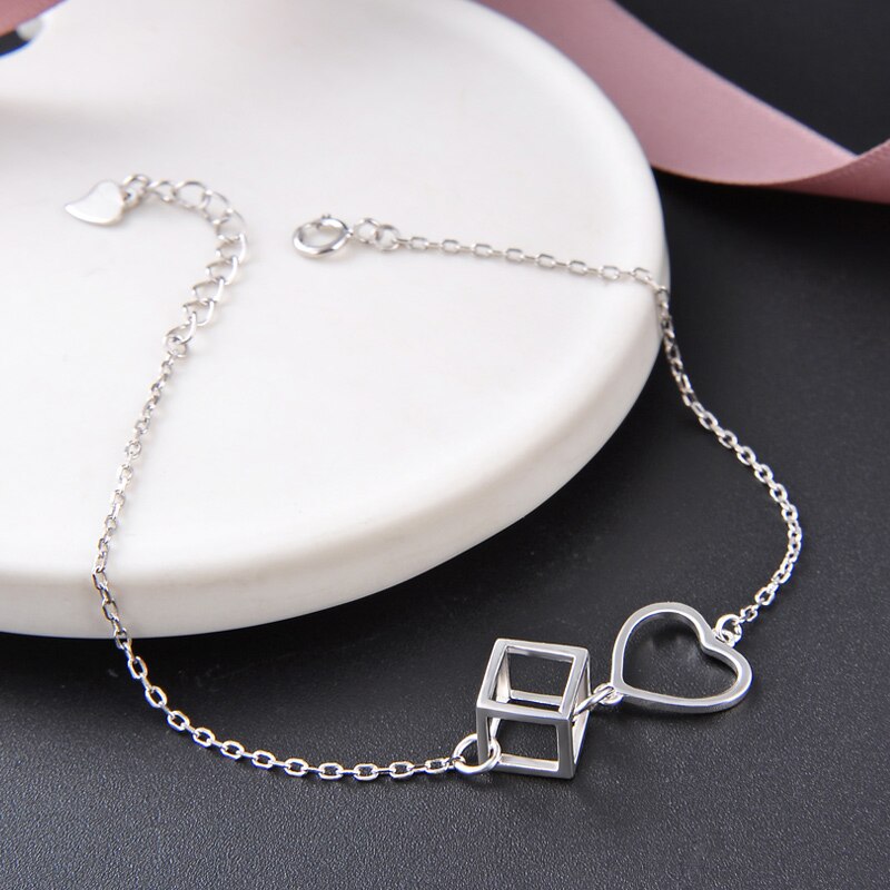 16 Cm Jewelry Romantic Love Cube Bracelet Solid Geometry Sterling Silver Female Wedding Bracelet Lovely Hand Chain 925