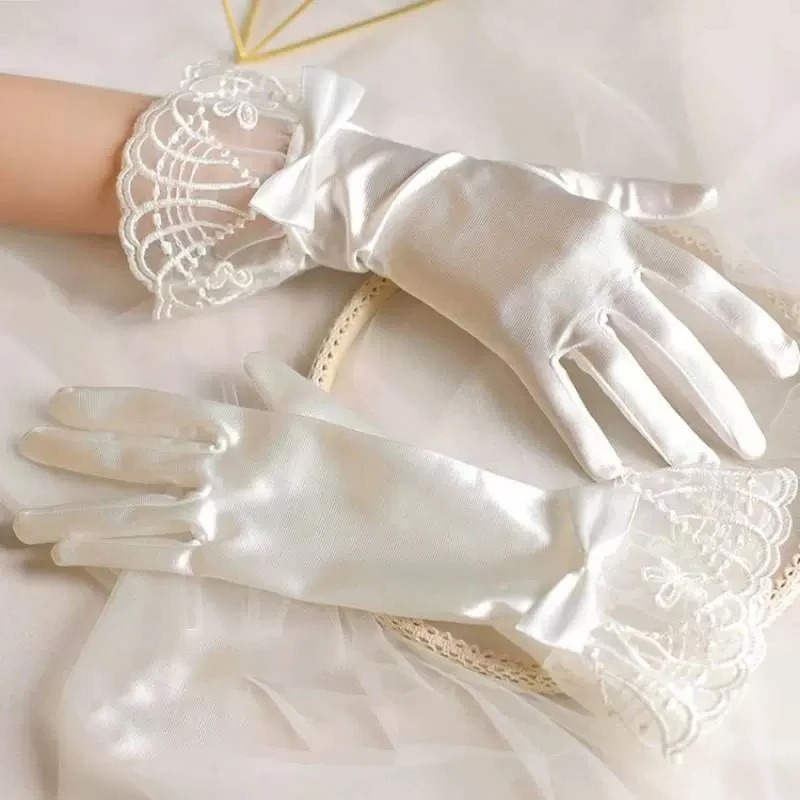 Gants de mariage transparents Vintage, robe de mariée blanche, avec nœud en maille et perles, courts en dentelle, accessoires de mariage: Rouge