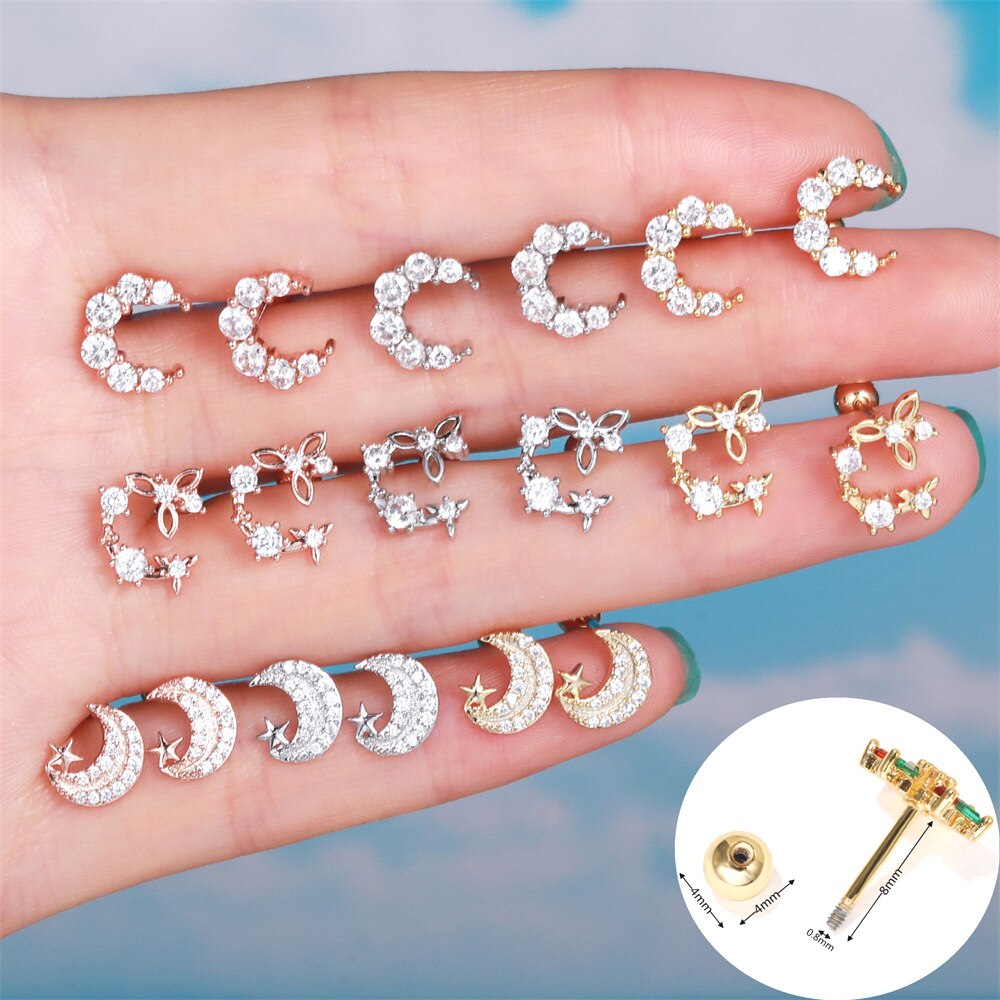 1Pc Koreaanse Rvs Helix Kraakbeen Piercing Tragus Stud Zirkoon Moon Oor Piercing Oorbellen Voor Vrouwen Sieraden