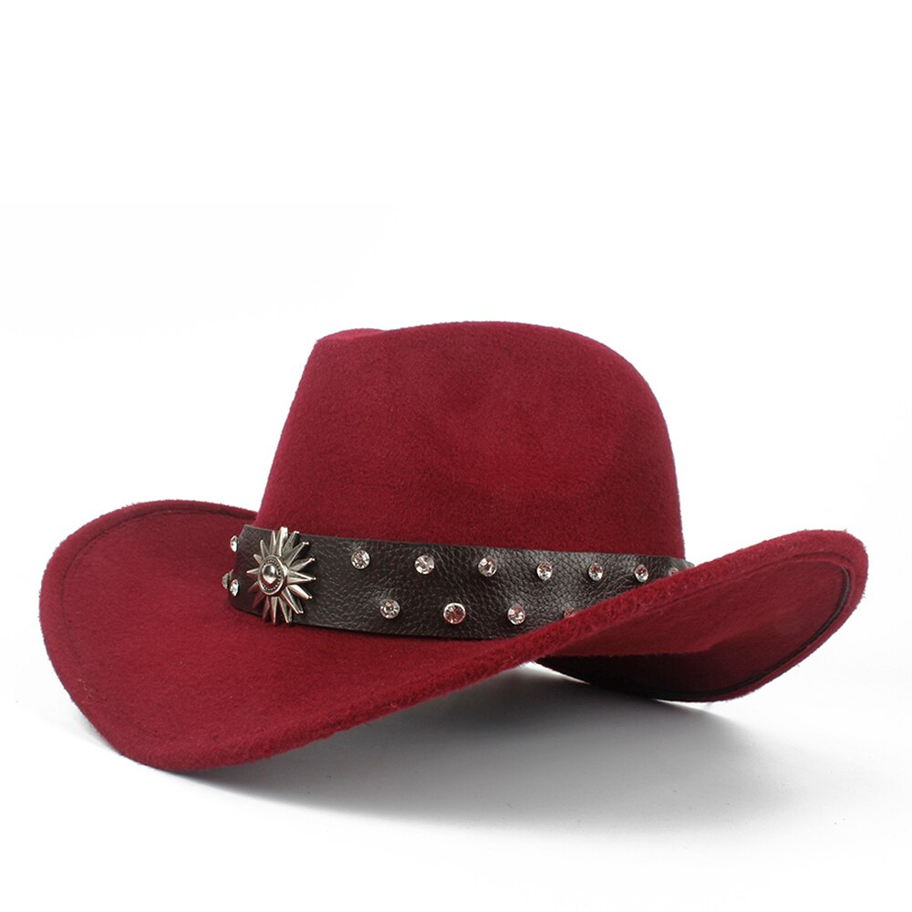 Retro Child Kids Wool Hollow Western Cowboy Hat Roll-up Brim boy girl Outblack Sombrero Hombre Felt Cap Size 52-54: Wine red