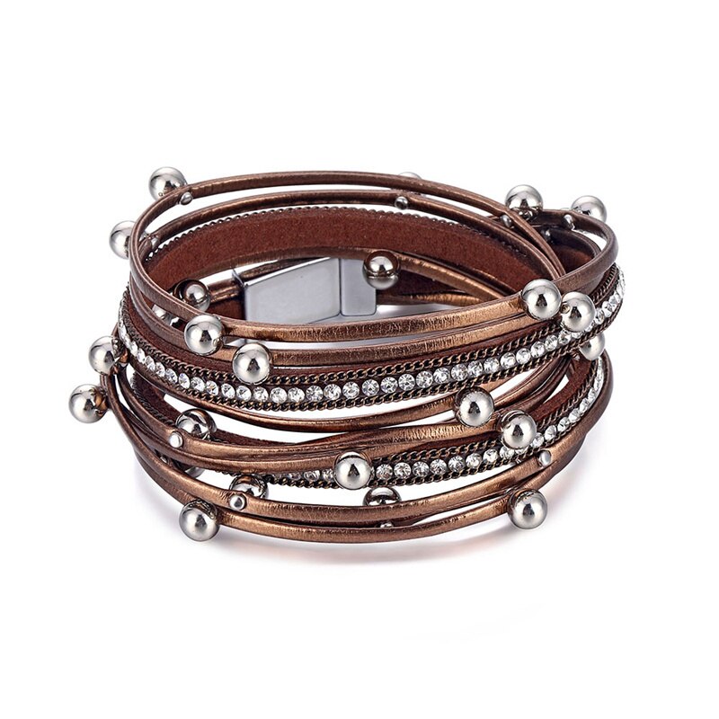 Rosa Leder Armbänder Für Frauen Kristall Metall Perlen Charme Armbinde Bohemien mehrschichtig wickeln Armbinde Femme Schmuck: A 4