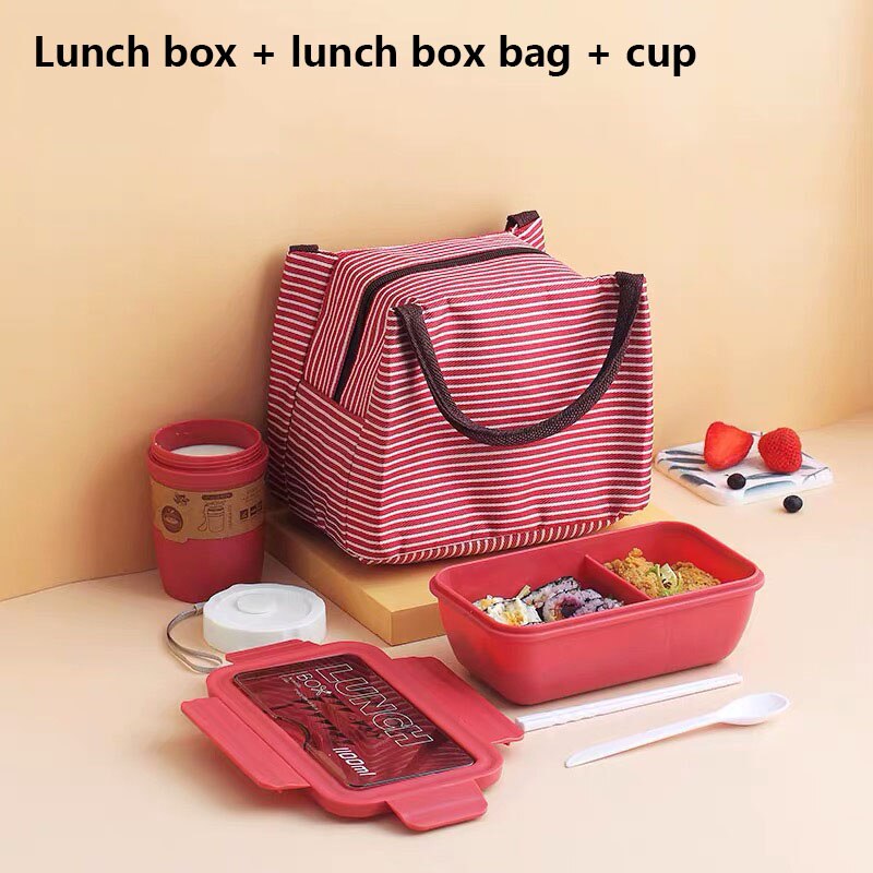 Microwave Lunch Box withBento Compartments Portable Box Japanese Style Leakproof Food Container for Kids with Tableware: Red set 1