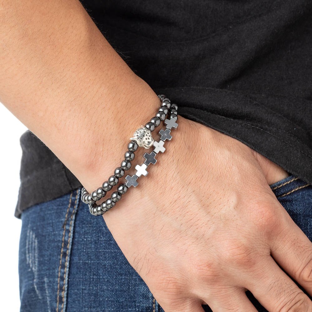 Breloque tête de léopard perlée, Bracelet boule CZ, pistolet hématite, perle en cuivre noir réglable, Bracelet énergie pour hommes et femmes