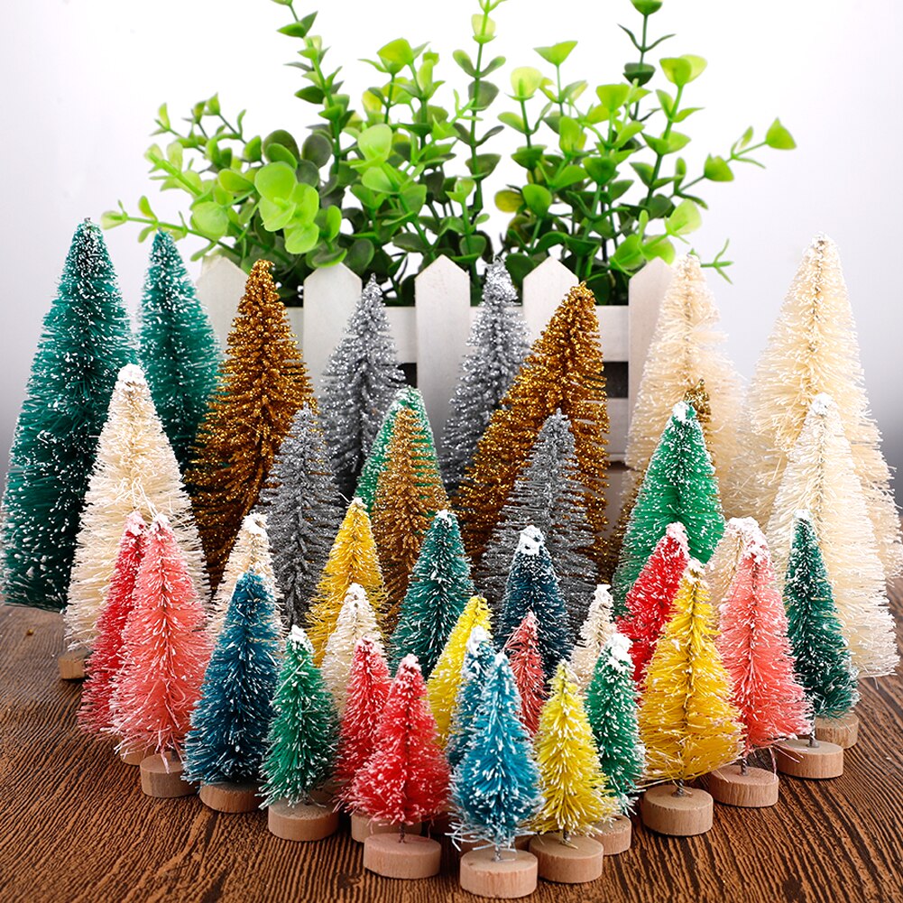 40Pcs Mini Multicolor Grenen Bomen Sisal Sneeuw Vorst Bomen Met Houten Basis Fles Borstel Bomen Plastic Tafelblad Bomen Crafting party