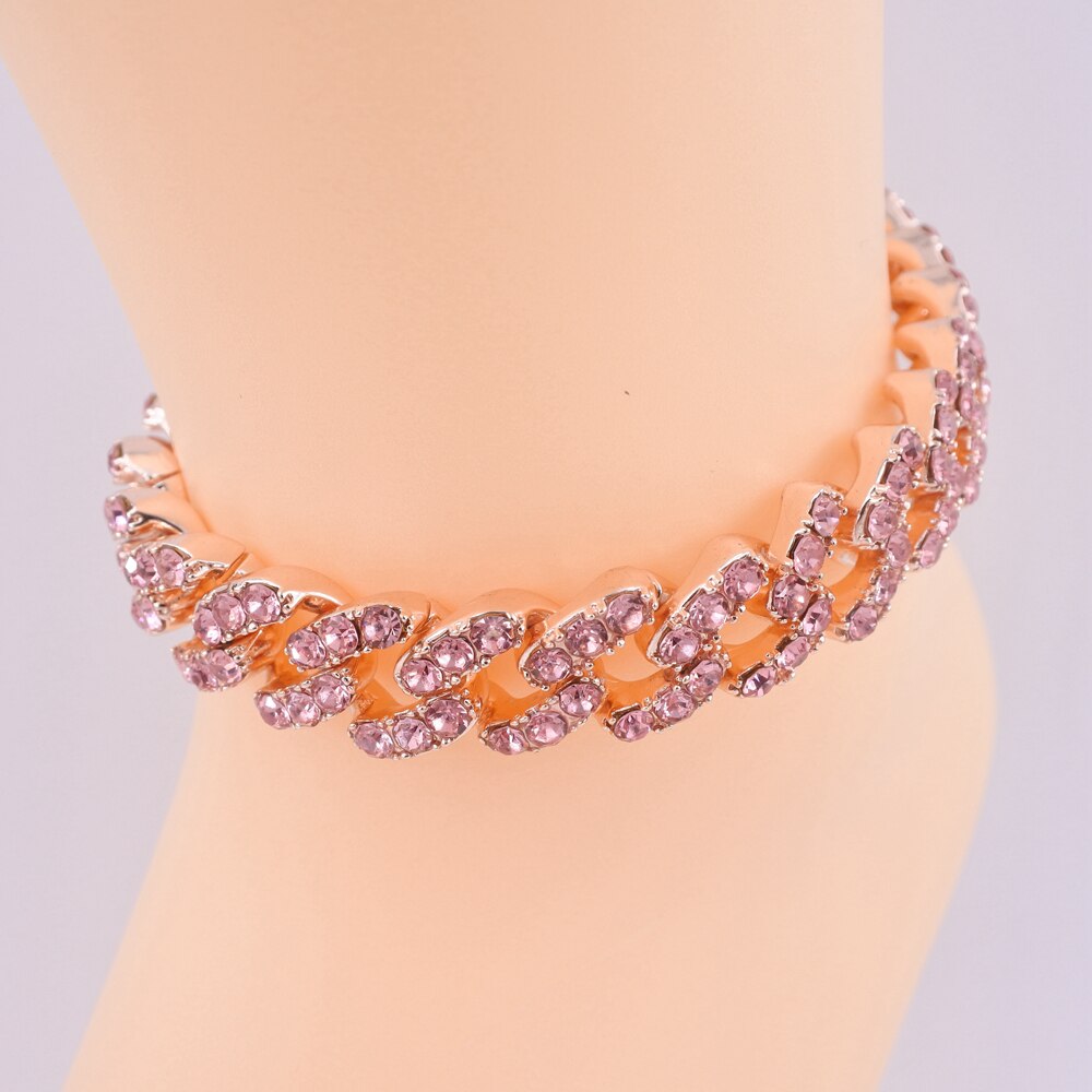 cuban link anklets hip hop women chain foot legs jewelry 12mm cuban chain pink crystal rose gold silver color iced out: Rose GoldPink 9inch