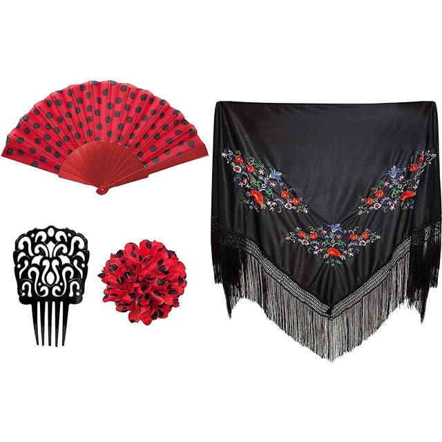 Accesorios Mantilla de Flamenca para Mujer, Disfraces de Sevillana para de Abril Feria, Pack Completo Accesorios: Negro