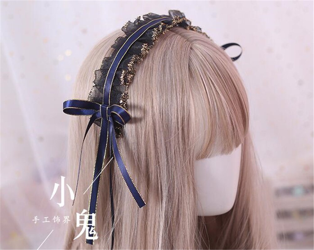 Gótico Lolita negro encaje cinta lazo pelo banda japonés coreano KC diadema mujeres Vintage accesorios B460
