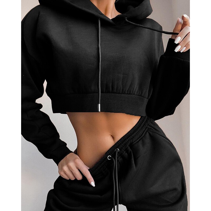 Women&#39;s Tracksuit Set Casual Long Sleeve Hooded Sweatshirt and Loose Drawstring Waistband Pants Two-piece Suit Sportswear: black / M