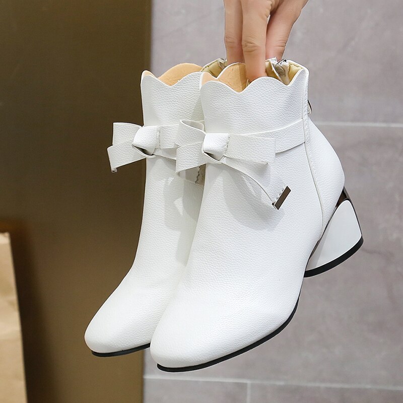 Women Ankle Boots Autumn Winter Shoes Med Heels Bare Boots Bow Dress Shoes Female Boots Wave White Botas Mujer: White / 35