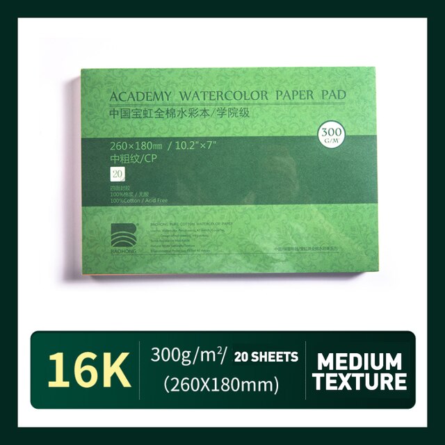 Watercolor Pad Paper, 100% Cotton 20 Sheets, 140lb/300gsm, 32K 16K 12K Glue Bound, Acid-Free, Art Sketchbook Wet &amp; Dry: 16k CP