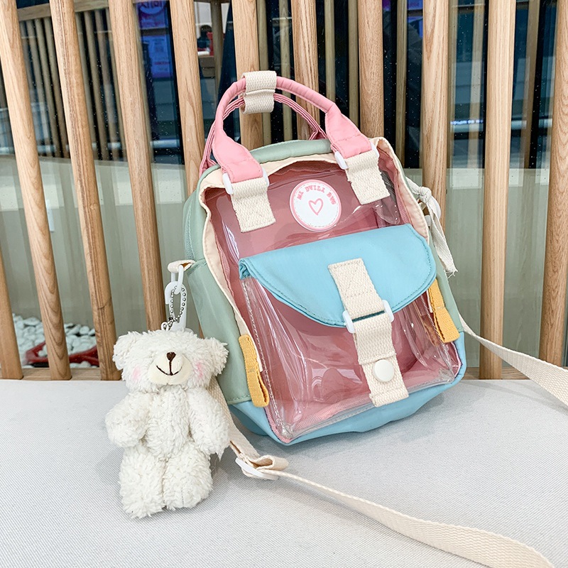 XZP Cute Trendy Lady Jelly Bag Transparent Canvas Stitching PVC Waterproof Beach Bag Inclined Crossbag Square Bag Portable Baozi