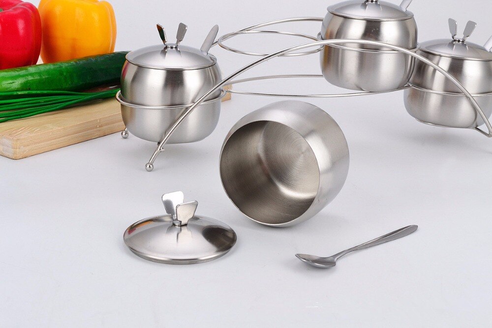 1SET Stainless Steel Seasoning pot Integrated Spice Salt Sugar Pepper Ajinomoto Jar with Cover Set OK 0649
