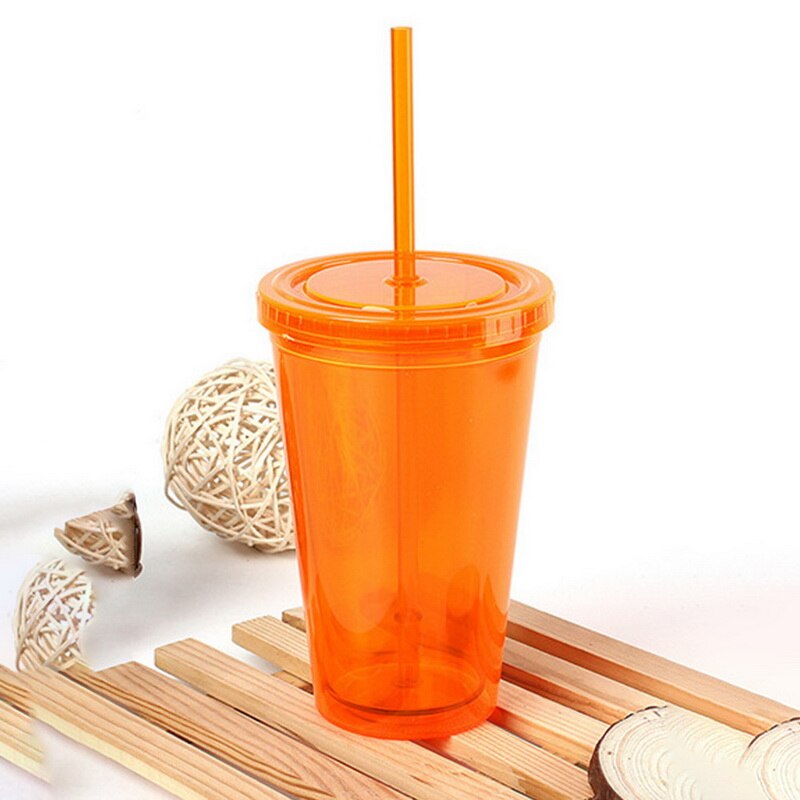 1 stk 500ml plastik isglas dobbeltvægget kold drik kaffe juice te rejse kop flaske krus med sugerør væske bæger låg  #25